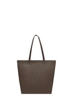 Borsa tote rettangolare in pelle marrone scuro con due sottili spallacci e logo in rilievo discreto sulla parte anteriore.