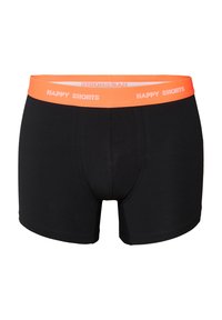 Zwarte boxershorts met een oranje elastische tailleband waarop "HAPPY SHORTS" in wit gedrukt is. Happige textuur en aansluitend ontwerp.