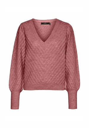 Roza pulover z V-izrezom in teksturiranim risanjem črke V, dolgi rokavi z rebrastimi manšetami ter sproščen kroj. Narejen iz mehke pletenine.
