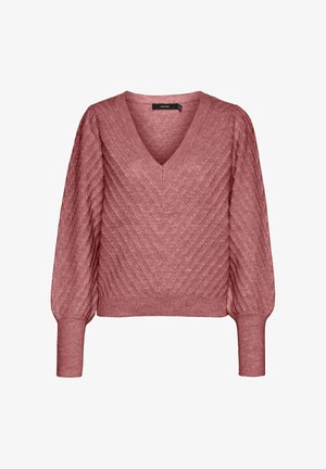 Rožinė V formos kaklo megztinis su tekstūruota chevron raštu, ilgos suknelės rankovės su gipiūro apykaklėmis, bei laisvas siluetas. Pagamintas iš minkštos mezgimo medžiagos.