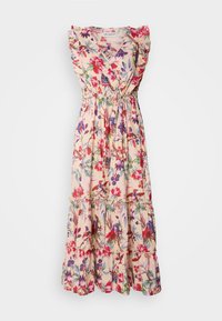 Robe sans manches col en V avec épaules à volants et jupe à volants, présentant un imprimé floral et d'oiseaux en rouge, violet et vert sur fond clair.