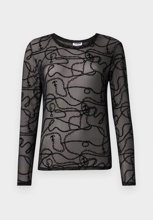 Must muströöpidega must pikkade varrukatega topp, millel on läbipaistev kangas ja keeruline kettmuster. Ümmargune kaelus ja kehakujuline disain.