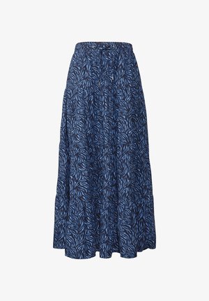 Blå mønstret maxiskirt med bladdesign, plisseringer og elastisk talje. Lavet af let stof, har den en luftig silhuet.