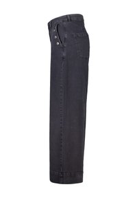 Zwarte denim broek met een recht gesneden ontwerp, voorzien van drie metalen knopen aan de linkervoorzijde, een achterzak en een nette zoom.