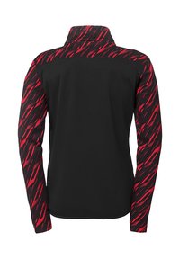 Sorte tekstiljakke med rødt abstrakt mønster på skuldre og ærmer. Har en høj krave og lange ærmer. Glat tekstur hele vejen igennem.