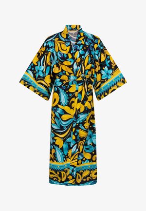 Melnā krāsā ziedu raksts, kas rotāts ar dzīvīgu dzeltenu un tirkīza dizainu. Izgatavots no viegla auduma, ar platām piedurknēm un saišu jostu.