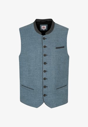 Blaues, ärmelloses Weste mit strukturiertem Gewebe, einem Stehkragen, sechs schwarzen Knöpfen und einer Brusttasche mit dunklem Rand.