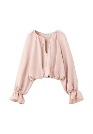 Blusa de manga larga de color rosa claro con lazo en el escote, abertura en forma de ojal, puños elásticos fruncidos y un ajuste suelto y ligeramente cropped.