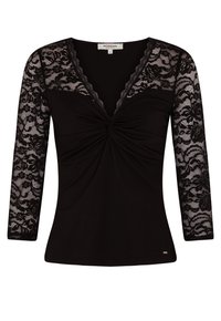Top nero con scollatura a V profonda, maniche in pizzo a tre quarti e un design frontale attorcigliato per aggiungere texture e dettaglio.