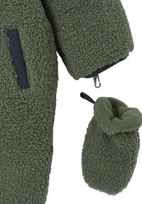 Fuzzy green fleece jacket with textured fabric, featuring a navy accent pocket and matching green mittens with gathered top and loop.