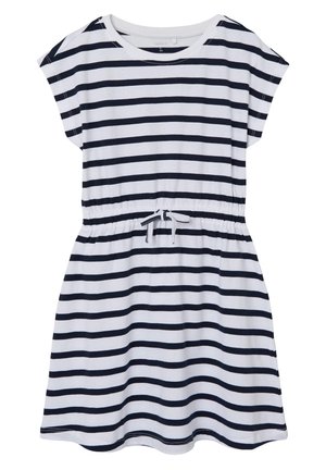 Hvid kjole med korte ærmer og vandrette marineblå striber, rund halsudskæring, elastisk talje og bindedetalje foran.