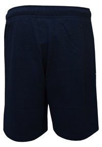 Pantaloni corti in cotone blu navy con vita elastica, taglio dritto, trama liscia e senza tasche o dettagli visibili sul retro.