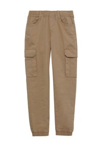 Khaki cargobroek met een elastische tailleband, voorzien van twee zijzakken, twee cargozakken en taps toelopende boorden. Gemaakt van duurzaam lichtgewicht materiaal.