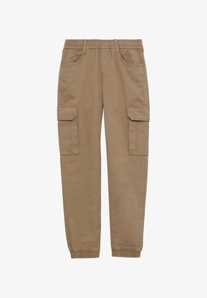 Spodnie cargo w kolorze khaki z elastycznym pasem, posiadające dwie boczne kieszenie, dwie kieszenie cargo i zwężane mankiety. Wykonane z trwałego, lekkiego materiału.