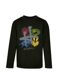 Maglietta nera a maniche lunghe con illustrazioni colorate di animali (leone, serpente, aquila, tasso) con la scritta "Hogwarts" stampata sotto.