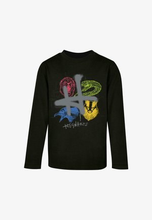 Schwarzes Langarmshirt mit bunten Tierillustrationen (Löwe, Schlange, Adler, Dachs) und dem Aufdruck "Hogwarts" darunter.