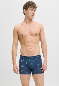 Oberkörperfreier Mann mit heller Haut und lockigem braunem Haar, der blaue Boxershorts mit kleinen Totenköpfen trägt, steht vor einem schlichten hellen Hintergrund.