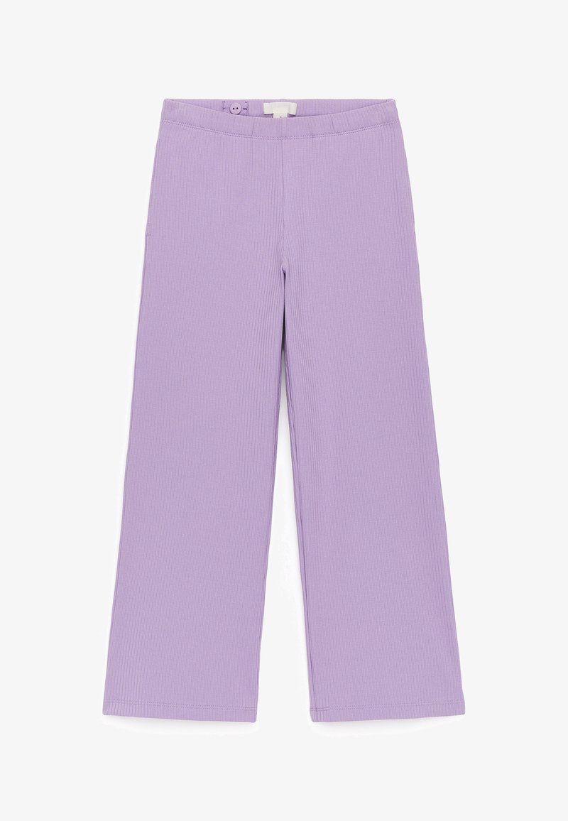 Pantalon large côtelé lilas avec taille élastique et fermeture par bouton, conçu pour une coupe décontractée.