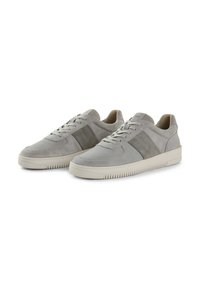 Grau Wildleder Sneaker mit einer glatten Oberseite und Gummisohle. Verfügt über einen Schnürverschluss und kontrastierende Einsätze an den Seiten. Strukturierte Außensohle für besseren Halt.