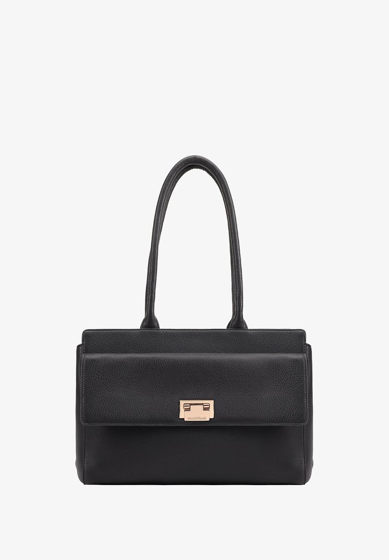 Sac à main en cuir noir avec deux poignées arrondies et un rabat avant maintenu par une fermeture rectangulaire en ton or.