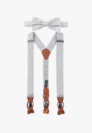 Graue elastische Hosenträger mit einem strukturierten Muster und braunen Lederakzenten, ergänzt durch eine passende Fliege. Verstellbare Clips sind enthalten.