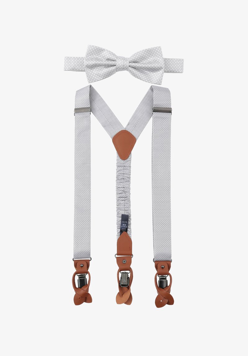 Graue elastische Hosenträger mit einem strukturierten Muster und braunen Lederakzenten, ergänzt durch eine passende Fliege. Verstellbare Clips sind enthalten.