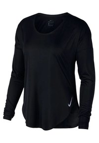 Svart långärmad Nike Dri-FIT-tröja med rundad halsringning, slät yta och en reflekterande logotyp nära fållen.