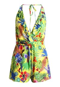 Tropical-patterned romper made of lightweight fabric. Features a deep V-neck, halter tie, and vibrant yellow background with green and floral designs.