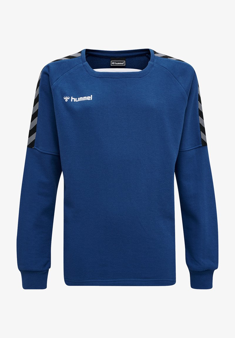 Niebieska bluza z długimi rękawami, okrągłym dekoltem i logo Hummel. Posiada czarno-białe, ukośne akcenty na ramionach. Miękka w dotyku.