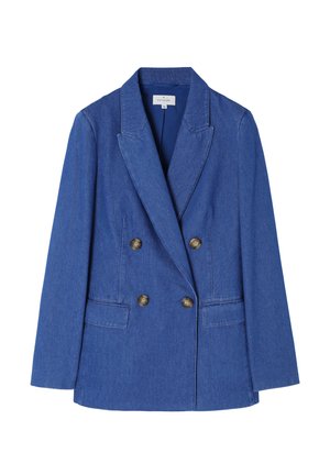 Blazer de mezclilla azul con doble botonadura y amplios solapas, dos bolsillos frontales y detalles de botones de bronce. Textura suave, diseño estructurado.
