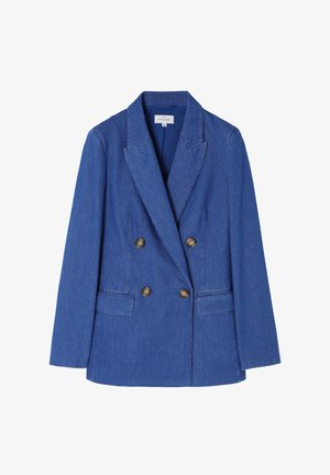 Niebieska dżinsowa marynarka podwójnie zapinana, z szerokimi klapami, dwoma przednimi kieszeniami i brązowymi guzikami. Gładka tekstura, dopasowany krój.