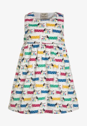 Småbørnkjole med ærmeløs design, flerfarvet gravhund- og blomsterprint på hvidt økologisk bomuldsstof, størrelse 18-24 måneder.