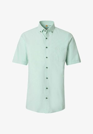 Hellgrünes kurzärmliges Hemd mit Knopfleiste, Button-Down-Kragen und Brusttasche.