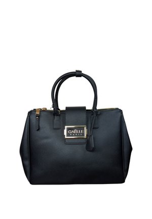 Bolso estructurado negro con dos asas, cremallera dorada y placa central dorada con el logo que dice "Gaëlle Paris" en la solapa frontal.