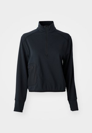 Black, zip-up pullover with a high collar, featuring a textured pattern, a side pocket, and fitted cuffs.