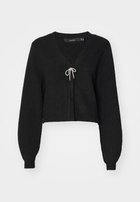 Cardigan scurt negru cu decolteu în V, având mâneci lungi, un material tricotat texturat și un sistem de închidere cu șnur argintiu în față.