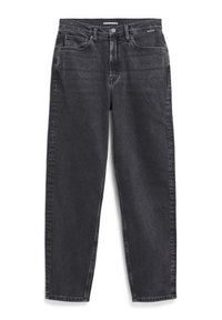 Black denim straight-leg jeans with a classic five-pocket design and metal button closure, featuring slight fabric texture and contrast stitching.