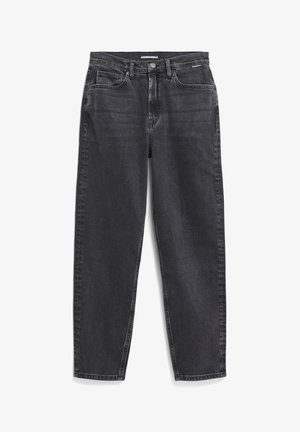 Jean brut droit en denim noir avec un design classique à cinq poches et fermeture à bouton en métal, présentant une légère texture de tissu et des coutures contrastées.