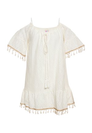 Fehér blúz rövid, bővülő ujjal. Texturált anyagból készült, csipkés díszítéssel, valamint dekoratív bojtokkal az alján és a nyakvonalnál.