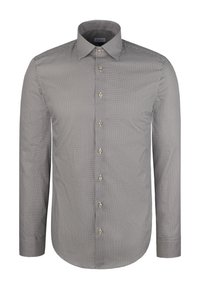 Camicia grigia a quadretti con maniche lunghe, colletto appuntito, chiusura con bottoni e bottoni color oro. Tessuto liscio con vestibilità regolare.