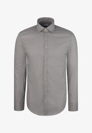 Grijs geruit overhemd met lange mouwen, een puntige kraag, knoopsluiting aan de voorkant en gouden knopen. Glad stofje met een normale pasvorm.