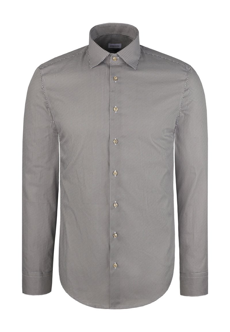 Camicia grigia a quadretti con maniche lunghe, colletto appuntito, chiusura con bottoni e bottoni color oro. Tessuto liscio con vestibilità regolare.