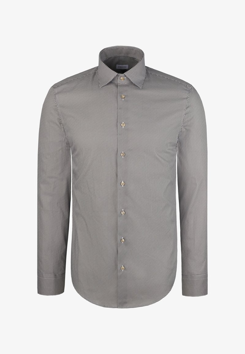 Camicia grigia a quadretti con maniche lunghe, colletto appuntito, chiusura con bottoni e bottoni color oro. Tessuto liscio con vestibilità regolare.