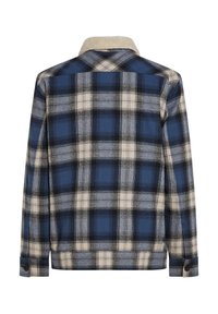 Blue and beige plaid shirt with a faux fur collar, buttoned cuffs, and a straight cut. Made of soft woven fabric with a textured finish.