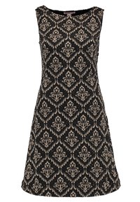 Svart klänning med ärmlös design, som har ett texturerat guld damaskmönster, utsvängd form och rund halsringning.