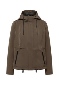 Veste marron imperméable à capuche avec poches zippées noires, cordons ajustables à la capuche et à l'ourlet, manches longues et fermeture frontale.