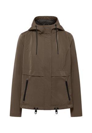 Bruine waterdichte jas met capuchon, zwarte ritszakken, verstelbare trekkoorden aan de capuchon en zoom, lange mouwen en een voorzijde sluiting.