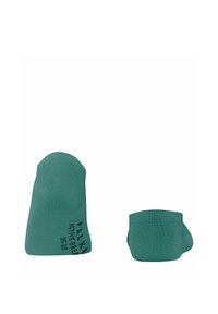 Teal enkelsokken met ribbelboorden en een gedrukt logo. Gemaakt van een glad, rekbaar materiaal en met een naadloze teenontwerp.