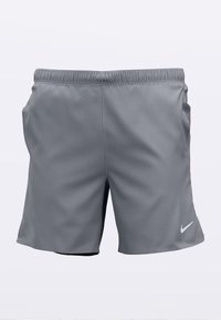 Šedé sportovní šortky s elastickým pasem, vyrobené z lehké látky, s malým bílým logem Nike na spodní levé straně.