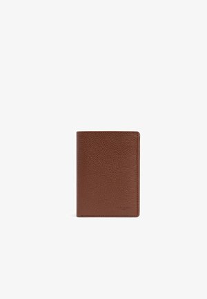 Brown leather wallet with a textured surface. Rectangular shape with stitched edges and embossed branding on the lower front.